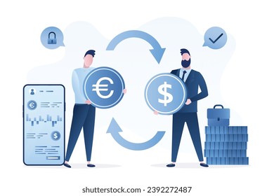 Currency exchange concept banner. Business people holds dollar and euro coins. Technology of online currency trading. Global stock market. Male characters in blue trendy style. Vector illustration