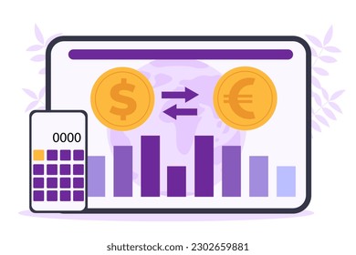 Currency exchange concept. Calculator next to dollar and euro at background of graphs and charts. Trading and investing in currency, coins, stock market. Cartoon flat vector illustration