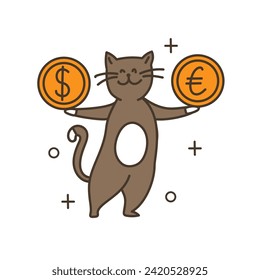 Currency exchange concept. Cute cat exchanges dollars for euros, international trade and consequences of globalization. Modern technologies and non cash transfers. Cartoon flat vector illustration