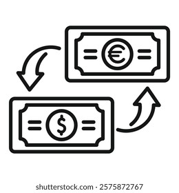 Currency exchange concept with dollar becoming euro banknotes with up and down arrows