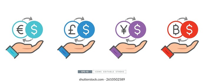 Currency exchange concept with dollar change to euro, baht, yen and pound sign and arrow cycle on hand. Editable stroke, thin line and flat vector illustration.