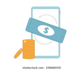 Currency exchange concept. Financial services. Cash back. Mobile phone with coins stack and paper money isolated on white background. Line art flat vector illustration. 