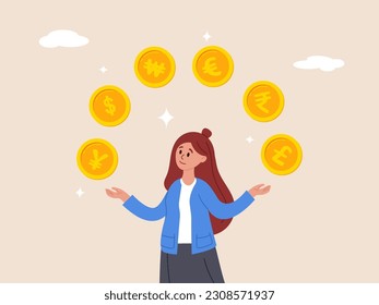 Currency exchange concept. International money transfer or foreign exchange, forex trading, global financial economy or currency convert, rich businesswoman juggling various international money coins.