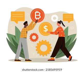 Currency exchange concept. Man hands woman bitcoin and takes dollar. Investing in cryptocurrency, financial literacy and passive income. Economy and traders. Cartoon flat vector illustration