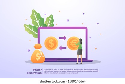 Currency Exchange concept. People exchange currencies online. World currency exchange services. Can use for web landing page, banner, flyer, mobile app. Vector Illustration