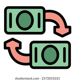 Currency exchange concept represented by two bills exchanging positions with arrows indicating money flow