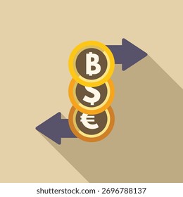 Währungsumrechnungskonzept mit Umrechnung von Bitcoin, Dollar und Euro mit Pfeilen