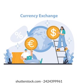 Currency Exchange concept. Streamlining global transactions with easy currency conversion. Bridging financial borders with efficient exchange services. Flat vector illustration.