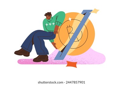 Currency exchange concept. Trader swaps cryptocurrency coins into money. Man refill virtual account, replenishment of digital wallet. Financial transaction. Flat isolated vector illustration on white