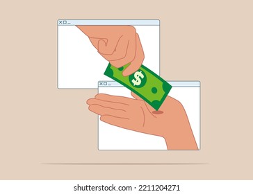 Currency exchange concept with two hands coming out of browser pass each other a dollar. Online payment on online money or cryptocurrency transfer.