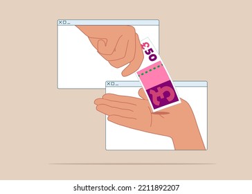 Currency exchange concept with two hands coming out of browser pass each other a pulling sterling. Online payment on online money or cryptocurrency transfer.