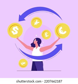 Currency exchange concept vector flat illustration. Businesswoman rotating cash money coin. Global monetary trading circulation round financial converter