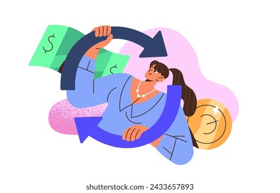 Currency exchange concept. Woman swaps cash: dollar banknotes into euro coins. Arrows signs of trading. Financial transaction, banking service. Flat isolated vector illustration no white background