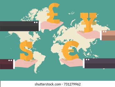 Currency exchange concept with world map background. Business concept