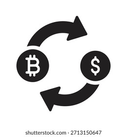 Cambio de moneda cripto símbolo de tipo de cambio sólido glifo elemento de diseño de Vector bitcoin dólar swap de dinero comercio financiero transferencia digital mercado de transacciones