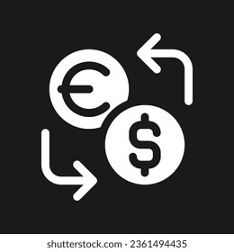 Currency exchange dark mode glyph ui icon. Money value. Foreign currency. User interface design. White silhouette symbol on black space. Solid pictogram for web, mobile. Vector isolated illustration