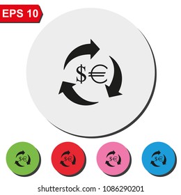 Currency exchange dollar and euro flat round colorful vector icon.