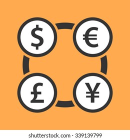 Currency exchange dollar, euro, yen and pound sterling icon. The four most traded currencies in the world. Flat design illustration.