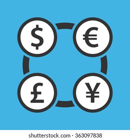 Currency exchange dollar, euro, yen and pound sterling icon. The four most traded currencies in the world. Flat design illustration.