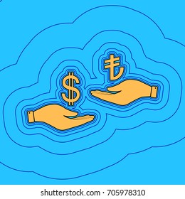 Currency exchange. Dollar and Turkey Lira. Vector. Sand color icon with black contour and equidistant blue contours like field at sky blue background. Like waves on map - island in ocean or sea.