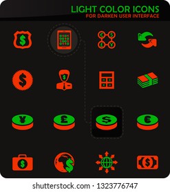 Currency exchange easy color vector icons on darken background for user interface design