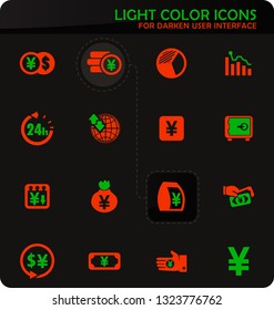 Currency exchange easy color vector icons on darken background for user interface design