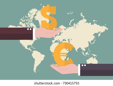 Currency exchange Euro and Dollar with world map background. Business concept