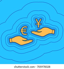 Currency exchange. Euro and Yuan. Vector. Sand color icon with black contour and equidistant blue contours like field at sky blue background. Like waves on map - island in ocean or sea.