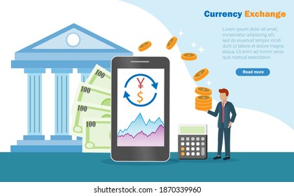 Currency exchange, financial and banking business. Businessman making profit from currency converter from online smartphone with calculater and bank background.