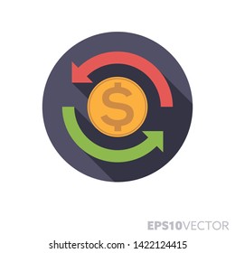 Currency exchange flat design round icon. Color symbol of exchange rate and financial business. Long shadow vector illustration in a circle isolated on white background.