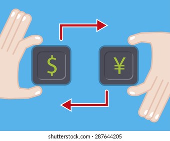 currency exchange. flat illustration with dollar yen symbol