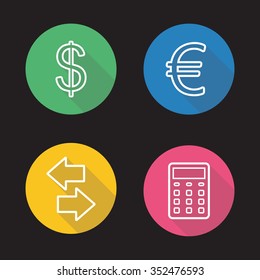 Currency exchange flat linear icons set. Arrow, calculator, dollar and euro signs. Currency exchange symbols. Long shadow outline logo concepts. Vector line art illustrations