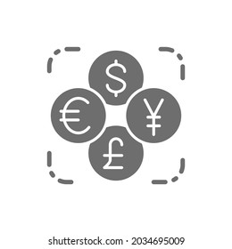 Currency exchange, foreign money, coin of dollar, euro, yen, pound grey icon.