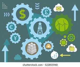 Currency exchange and fossil and renewable energy gears, concept with infographics elements and grunge texture.