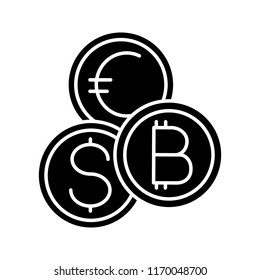 Currency exchange glyph icon. Silhouette symbol. Cryptocurrency. Bitcoin, US dollar and euro exchange. Blockchain. Negative space. Vector isolated illustration