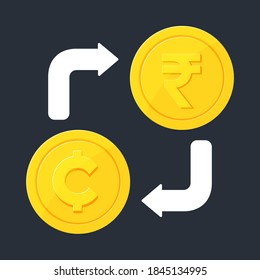 Currency exchange gold coins. Gold coins with Cent and Rupee signs. Vector illustration.