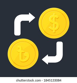 Currency exchange gold coins. Gold coins with Dollar and Taka signs. Vector illustration.