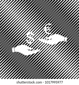 Currency exchange from hand to hand. Dollar adn Euro. Vector. Icon. Hole in moire background.