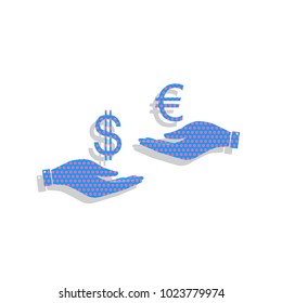 Currency exchange from hand to hand. Dollar adn Euro. Vector. Neon blue icon with cyclamen polka dots pattern with light gray shadow on white background. Isolated.