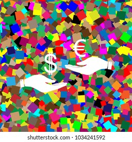 Currency exchange from hand to hand. Dollar adn Euro. Vector. White icon on colorful background with seamless pattern from squares.