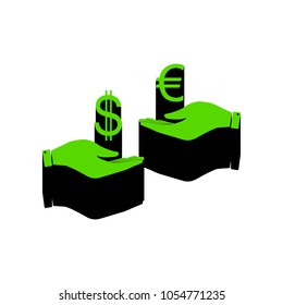 Currency exchange from hand to hand. Dollar adn Euro. Vector. Green 3d icon with black side on white background. Isolated.