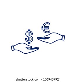 Currency exchange from hand to hand. Dollar adn Euro. Vector. Flat style black icon on white.