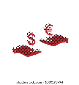 Currency exchange from hand to hand. Dollar adn Euro. Vector. Brown icon with shifted black circle pattern as duplicate at white background. Isolated.