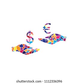 Currency exchange from hand to hand. Dollar adn Euro. Vector. Stained glass icon on white background. Colorful polygons. Isolated.