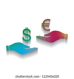 Currency exchange from hand to hand. Dollar adn Euro. Vector. Colorful icon with bright texture of mosaic with soft shadow on white background. Isolated.