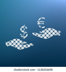 Currency exchange from hand to hand. Dollar adn Euro. Vector. White textured icon at lapis lazuli gradient background.