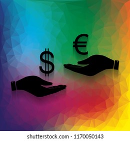Currency exchange from hand to hand. Dollar adn Euro. Vector. Flat style black icon on white.