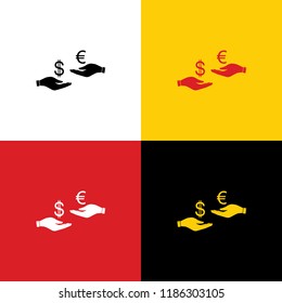 Currency exchange from hand to hand. Dollar adn Euro. Vector. Icons of german flag on corresponding colors as background.