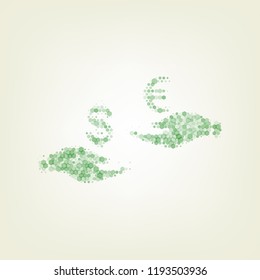 Currency exchange from hand to hand. Dollar adn Euro. Vector. Green hexagon rastered icon and noised opacity and size at light green background with central light.