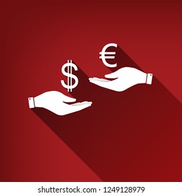 Currency exchange from hand to hand. Dollar adn Euro. Vector. White icon with limitless shadow at ruby red background.